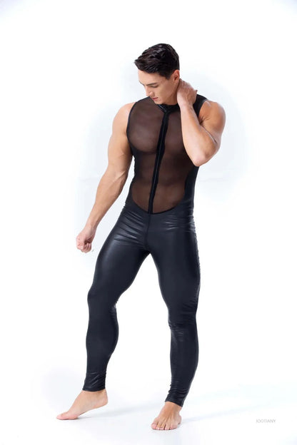 Pu Faux Leather Patent Leather Mesh Bodysuit