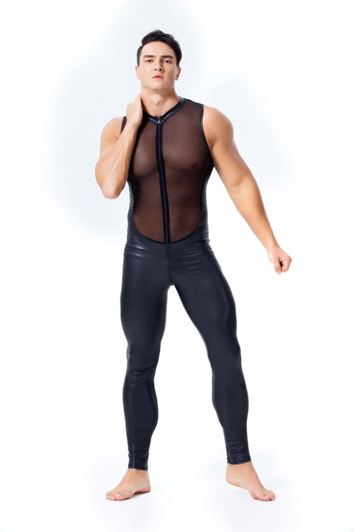 Pu Faux Leather Patent Leather Mesh Bodysuit
