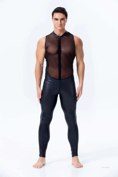 Pu Faux Leather Patent Leather Mesh Bodysuit
